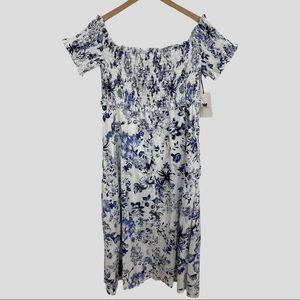W by Worth White and Blue Floral Smocked Cotton Dress NWT